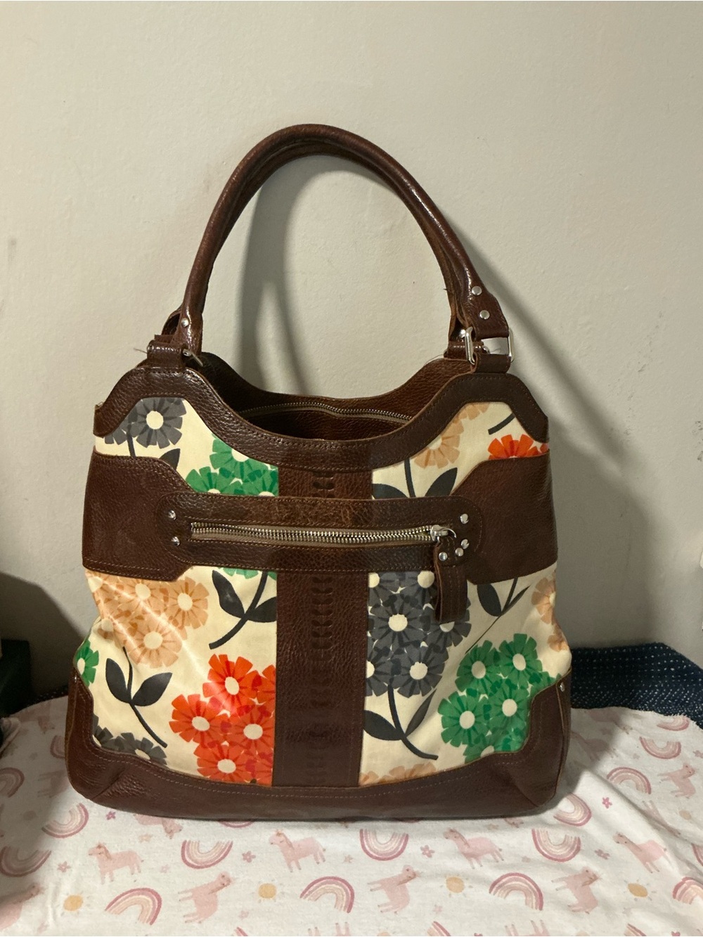 Orla Kiely Brown Floral Canvas Shoulder Bag with Multicolor Blooms